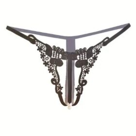 Floral Embroidery Faux Pearl Decor Thongs, Open Crotch Intimates Panties, Women's Sexy Lingerie & Underwear- black