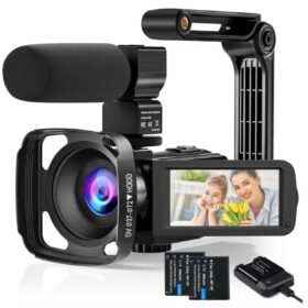Video Camera Camcorder, Digital Camera HD 1080P 24MP with Pause Function, 16X Digital Zoom, 3.0 Inch 270° Rotation Screen Vlogging Camera with Microphone, Lens Hood, Battery Charger, 2 Batteries