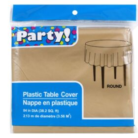 Dark Gold Round Plastic Table Covers, 84 in.