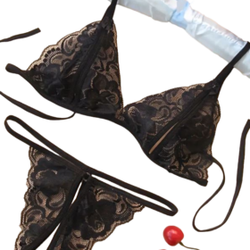 Floral Lace Lingerie Set, Split Cup Intimates Bra & crotchless Thong-Small